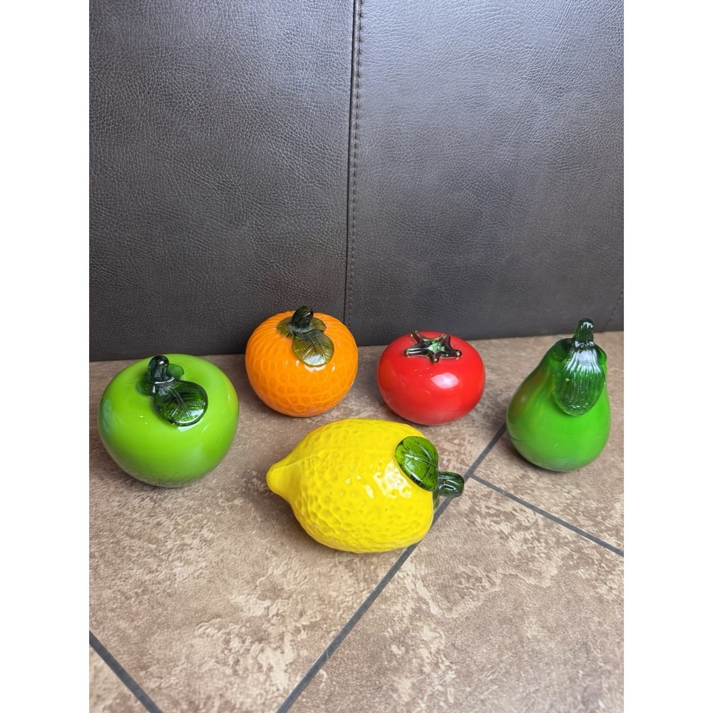 Vintage Art Glass Fruit Veg Lot 5 Murano Style Lemon Pear Green Apple Tomatoe Or